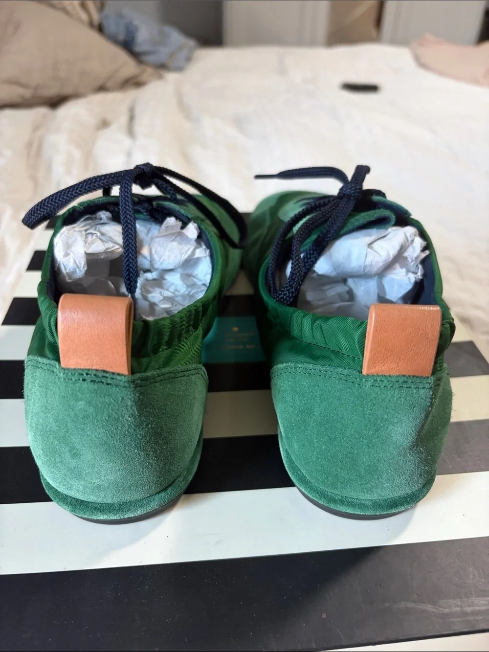 Tory Burch Green Canvas & Suede Lace-Up Flats
